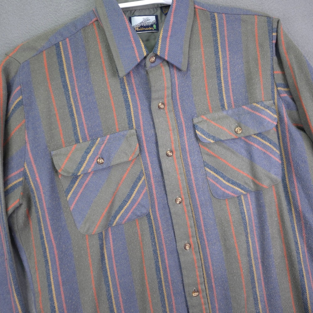 Fieldmaster Shirt Flannel Style Vertical Stripe Gray Blue Large Tall Vintage 90s